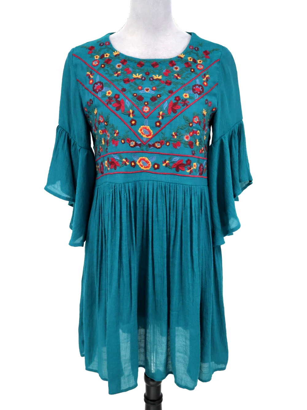 Umgee Dress Womens Small Blue Green Embroidered Floral Lined Bell Sleeves